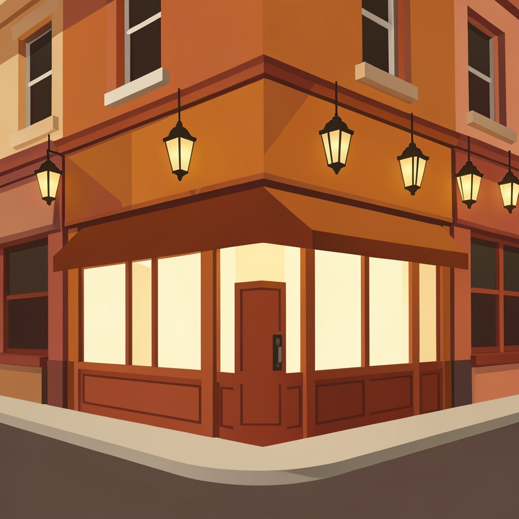Flat vector illustration of a Covent Garden street corner with a warm-lit restaurant entrance framed by hanging lanterns, in deep amber, terracotta, and cream